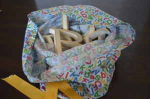 The inside of the letter learning bag - I use four or five wooden letters