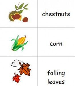 Free printable picture dictionaries for young writers and ESL students including fall-theme vocabulary