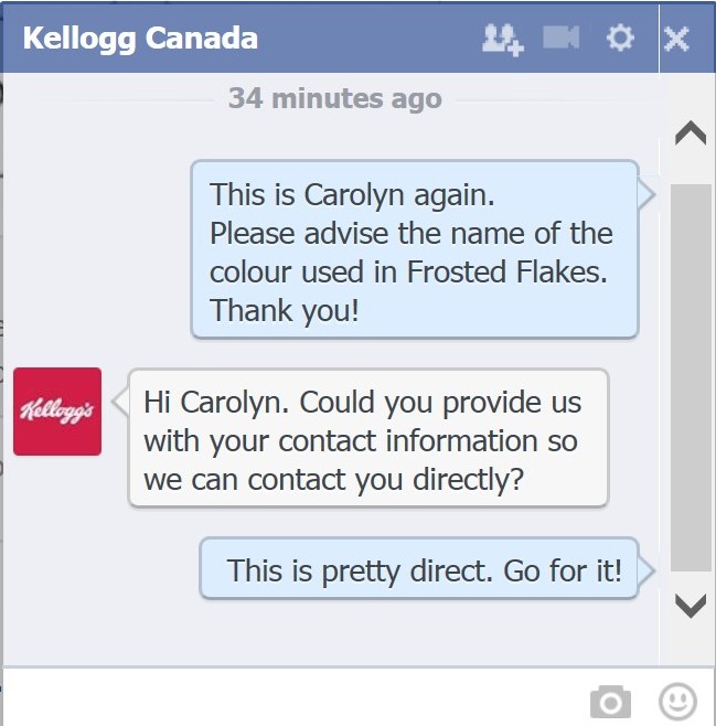 Kelloggs Facebook Direct Message About Food Dyes