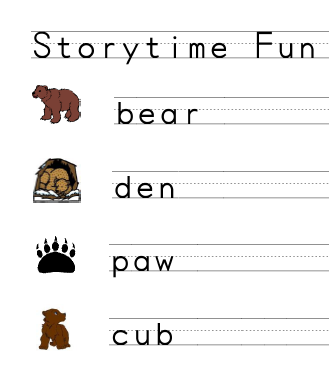 Bear-theme vocabulary printing page included in Storytime Fun with Bears from StorytimeStandouts.com